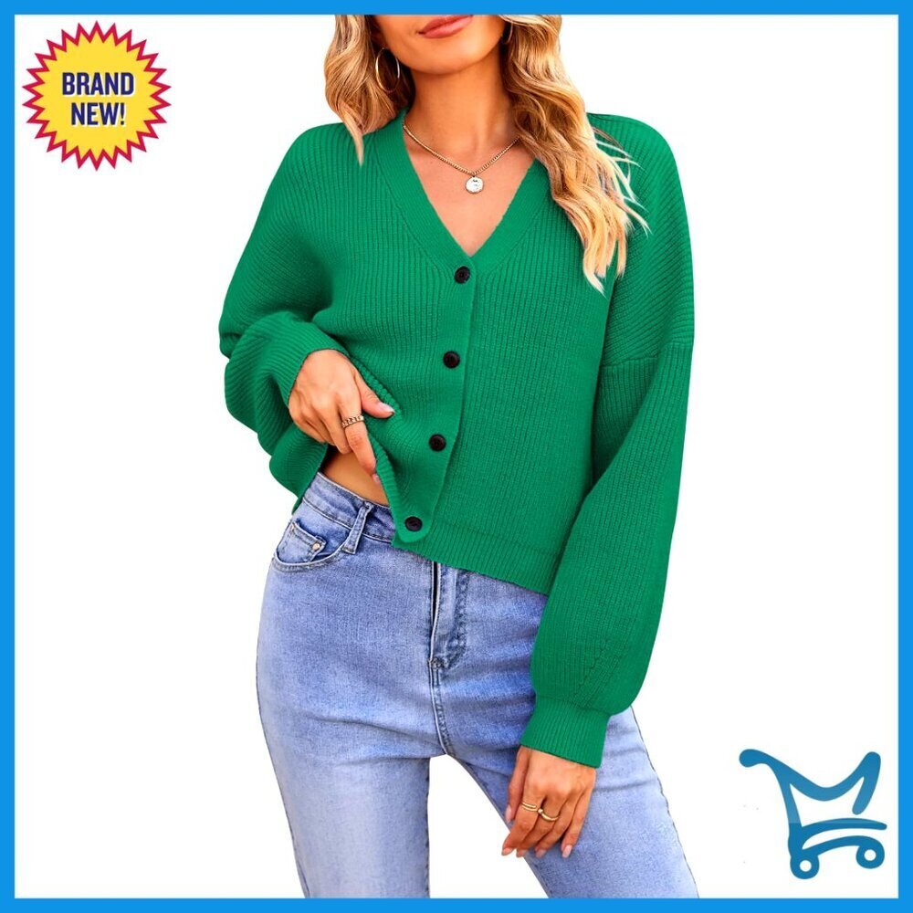 Oversized Batwing Cropped Cardigan Button Down V Neck Ribbed Knit Sweater Top